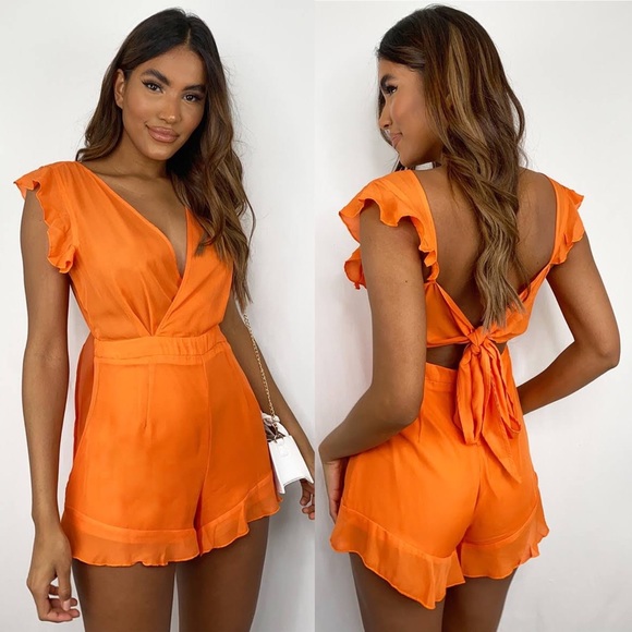 PrettyLittleThing Pants - PLT Orange Ruffle Tie Back Play Suit sz 10